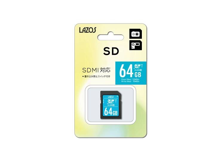 ［LAZOS］L-64SDX10-U3 SDHCメモリーカード 64GB UHS-I CLASS10（5個セット）
